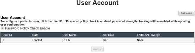Figure 39. User Account page for users and operators User Account To configure a particular user, click the User ID.