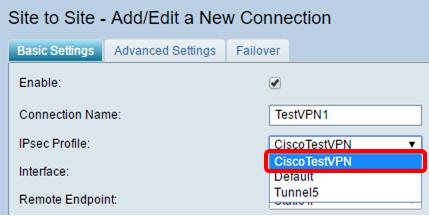 For instructions on how to create an IPSec Profile, click here. Note: In this example, CiscoTestVPN is chosen. Step 6. Choose the interface to be used by the local router.