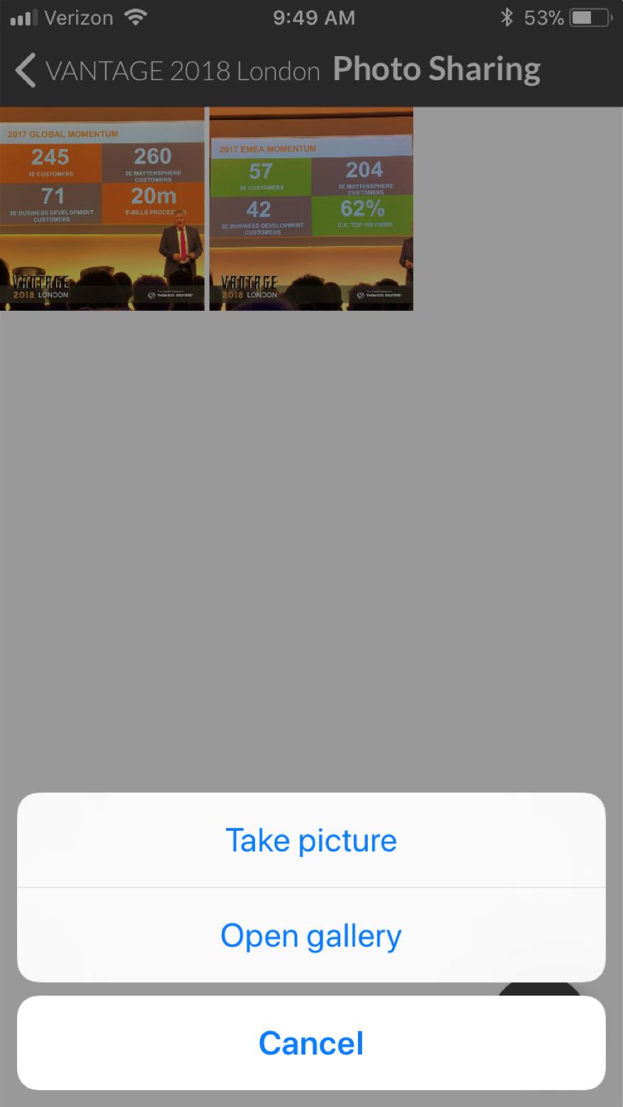 Photo Sharing Module Use the camera icon in the bottom right hand corner of the screen, to take photos directly through the app.