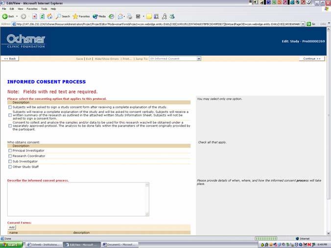 (19) The Informed Consent Process page captures information regarding the informed