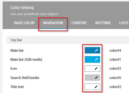 Once you have selected a category (e.g. "Navigation"), you can select the respective color objects and assign a color from the color palette to each one individually.