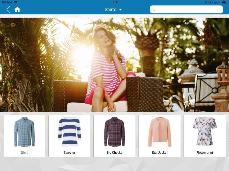 14 Example of a category page with several products >> Now tap on one of these products (Shirt) to reach the lowest level in the example: The product page.