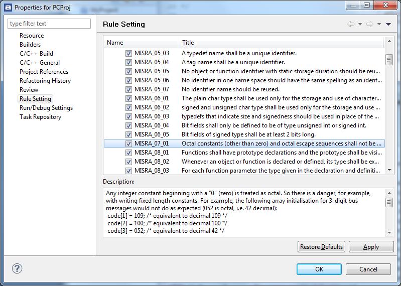 Selecting rules Atollic TrueINSPECTOR allows individual selection of rules in a formal rule database