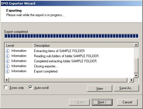 An Exporting screen appears with a progress bar and execution report, and the export process begins.