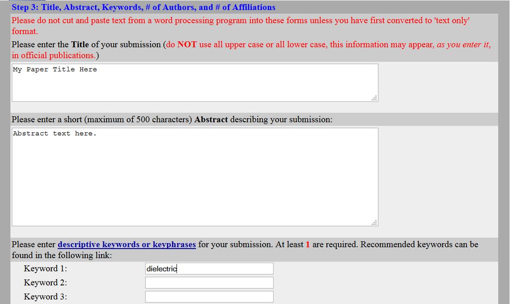 You should now be at the Title, Abstract, # of authors, and # of affiliations screen (below).