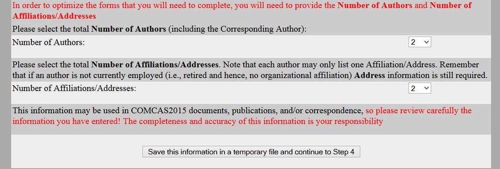 Step 4. You should now be at the COMCAS2015 specific options, file format, and author responsibilities screen.