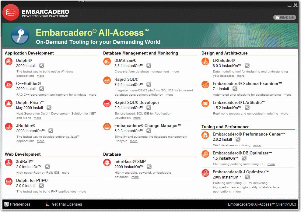 USING ALL-ACCESS CLIENT > USING ALL-ACCESS CLIENT Using All-Access Client The All-Access Client interface provides a list of Embarcadero products.