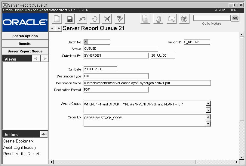 Administration Chapter 26 Server Report Queue Through the Server Report Queue module, you can monitor Report jobs which have been complete, are currently running, or are held in your system server