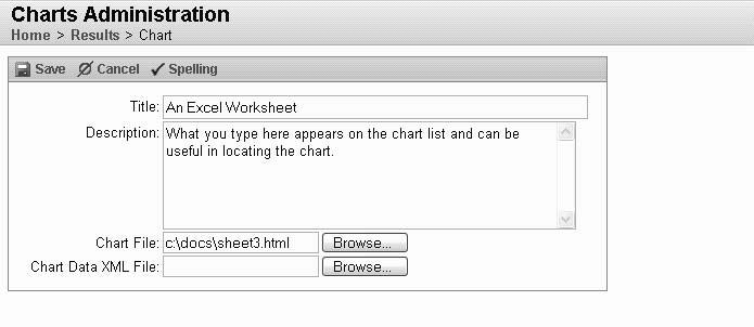 Open the Charts Administration module and Click New. A screen opens where you can enter information about the new chart. 8. Enter the required information.