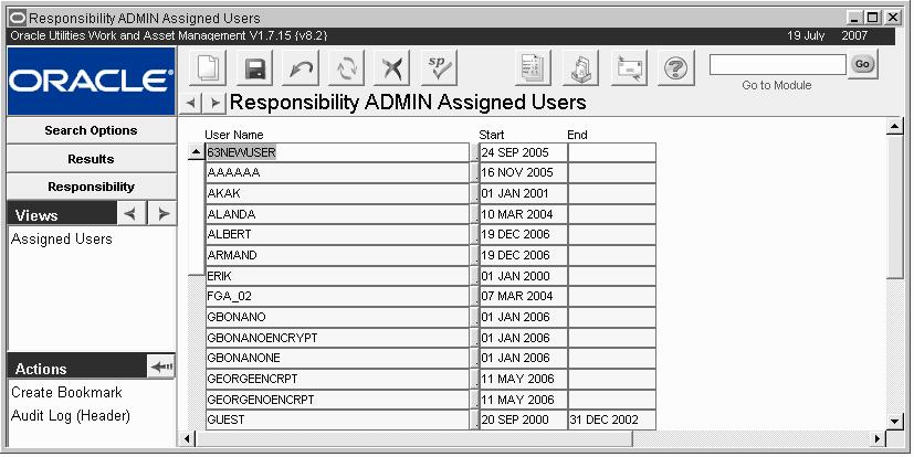 Responsibility Views Responsibility Views The module includes the following view: Assigned Users Select Assigned Users from the Views list for a quick way to assign a responsibility to several users.