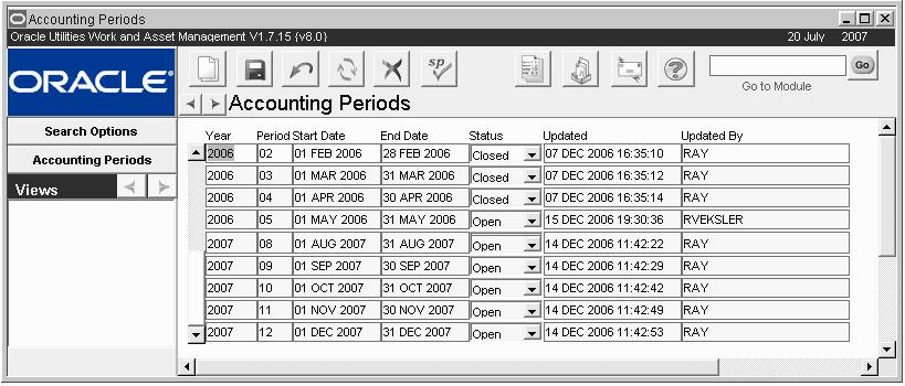 Administration Chapter 23 Accounting Periods You can define accounting periods in the Accounting Periods module to match the accounting periods used by your general Ledger application.