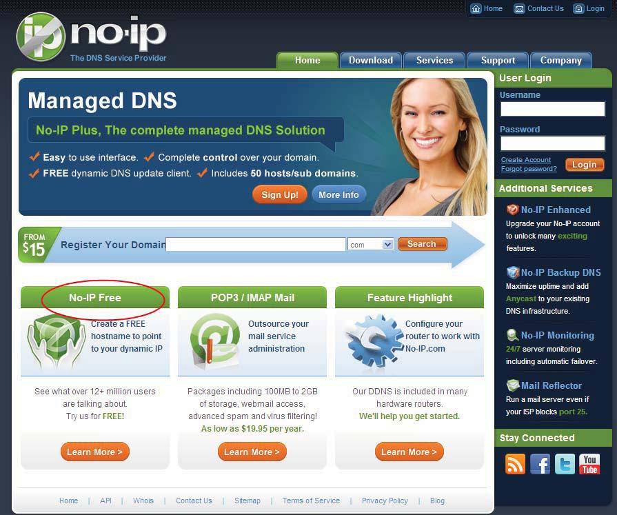 Third Party Domain Name Settings User can also use third part DDNS, such as www.no-ip.com.,www. 3322.com Here take www.no-ip.com for example: Step 1, Go to the website www.no-ip.com to create a free hostname Firstly: Login on www.