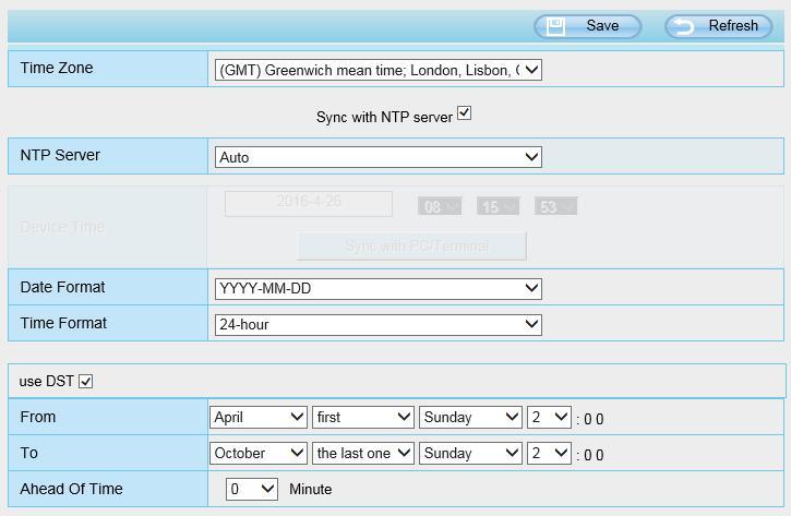 Time Zone: Select the time zone for your region from the drop-down list. Sync with NTP server: Network Time Protocol will synchronize your camera with an Internet time server.