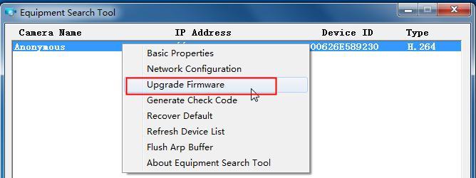 Upgrade Firmware by Equipment Search Tool Double click the Equipment Search Tool shot icon, select the Camera IP that you want to upgrade the firmware.