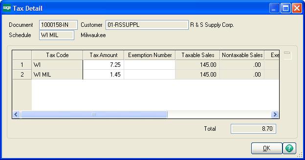 LESSON 17 - UNDERSTANDING HOW SALES TAX IS CALCULATED Tax Calculated Using the WI MIL (Milwaukee) Sales Tax Schedule For invoice 1000158-IN, if the tax schedule on the Invoice Data Entry Header tab