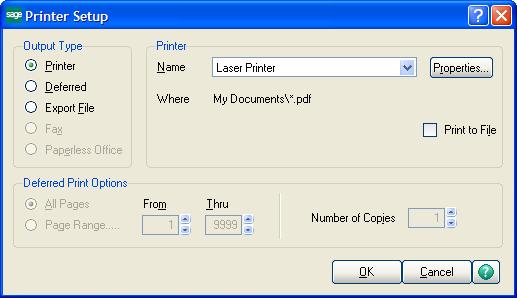 default printer is assigned automatically and appears at the bottom of the window.