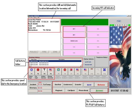 The following screen displays the console page of the XTEND PC/PSAP application.