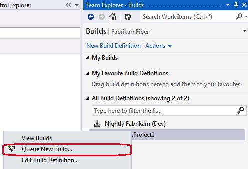 7. The next step is to queue a build to let Team Foundation Server produce the build artifacts that are