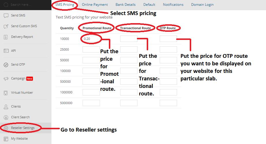 2. Click on SMS Pricing in the menu bar. 3. Add your desired pricing in the fields. 7. Can my clients also pay me online? If yes, then how?