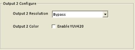Enable color YUV420 for Output 1 By select Output 2 Configure you can make output #2 to pass through the Input signal or Down-Scale to