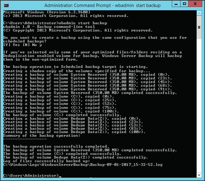Running a backup outside the schedule You can run an unscheduled backup by issuing a wbadmin start backup command in the command line interface. Here is an example of an unscheduled backup.