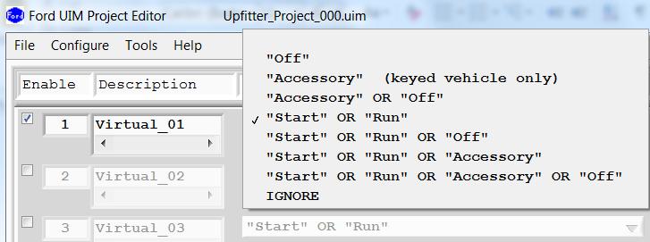 Figure 14: Screen - Configure Logic - Ignition Status When the user choses element Ignition Status the UIM Project Editor prompts the user to choose one of the following from a drop-down menu: Off