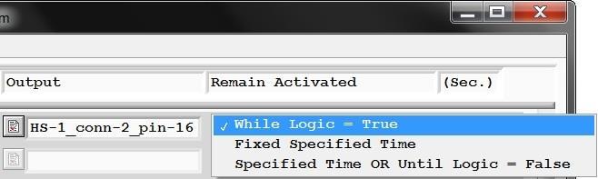 The Remain Activated drop-down menu allows the user to select one (1) of three (3) options: drive the output While Logic = True (lock-step) drive the output for a Fixed Specified Time (ignore changes