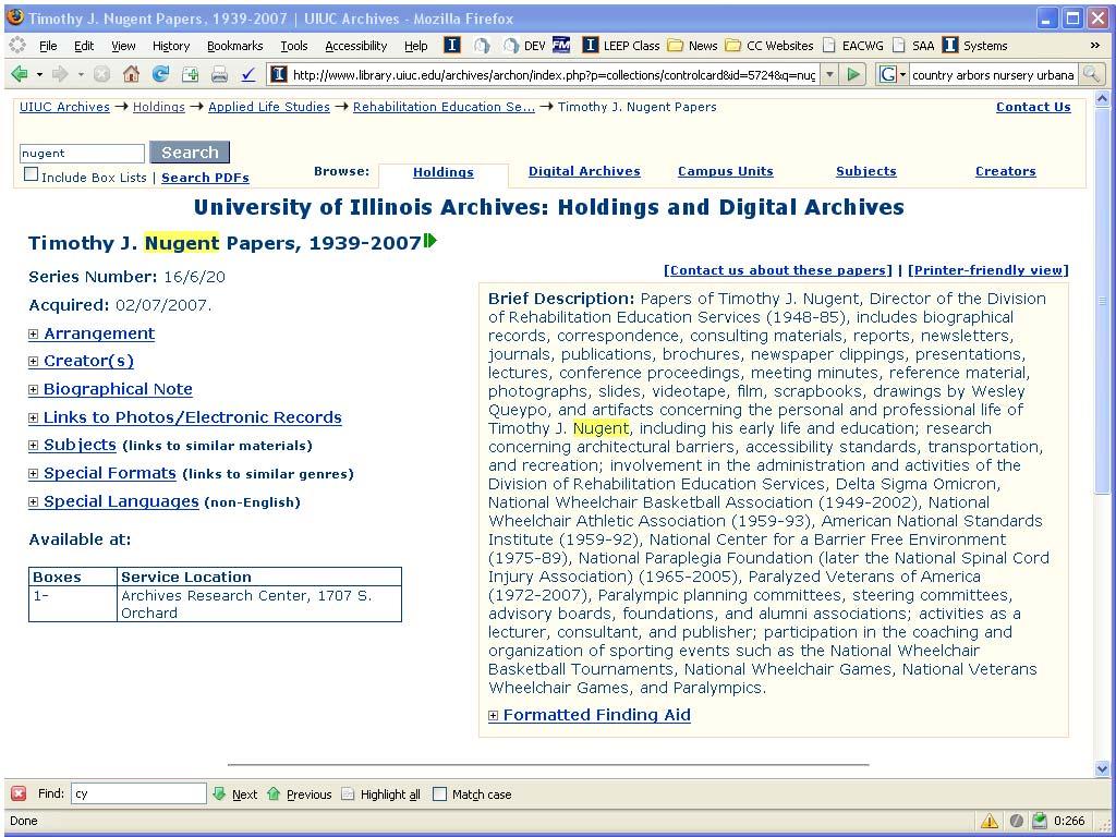 Figure 3. Collection level descriptive record in the University of Illinois Archives for public view. A research request has been submitted by Ryan Cavis.
