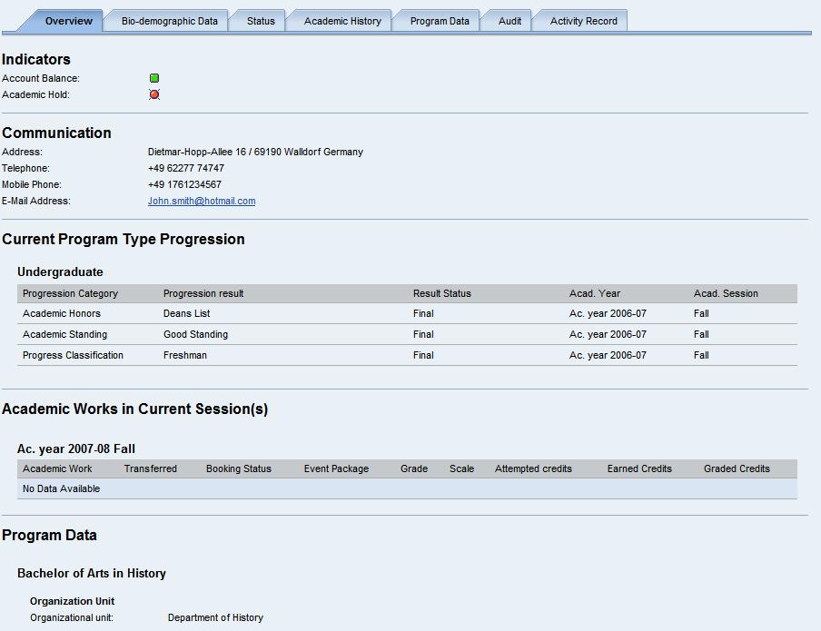 3.3.5 View: Overview Page (Academic Fact sheet) This is the default view shown in the STIC after the FERPA warning is confirmed. Fig. 18.