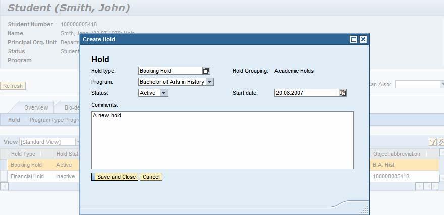 3.3.7.1.2 Create a hold Fig. 33. Create Hold Advisor can also create a new hold for a student, by clicking on the Create button, as shown in the figure above.