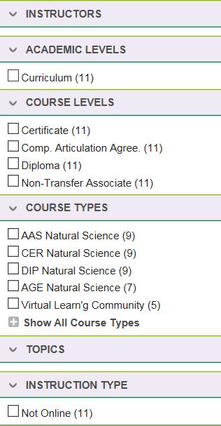 You can filter by specific days of the week or look for classes held during specific times. You can filter for both continuing education (noncredit) and curriculum (credit) options.