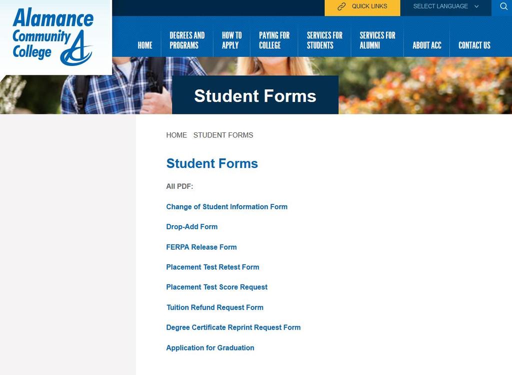 Links to Student Forms (PDF format) Description of each form below - Change of Student Information Form is used to change your information in our database (name, mailing address, email address, etc).