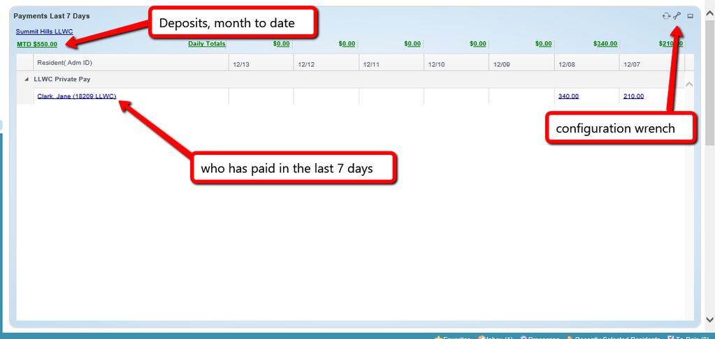 Payments Widget The payments widget allows you to see deposits that have been made month-to-date And payments made the last 7 days By clicking on the links, you