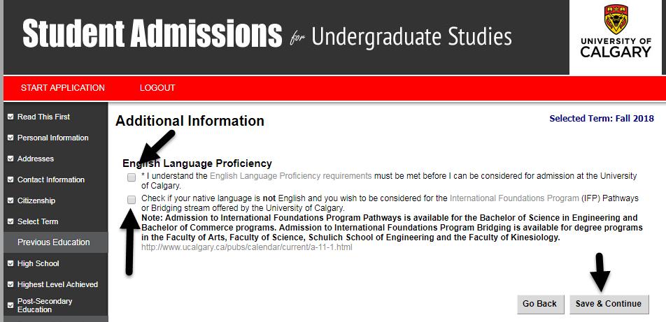 25. Click on the box indicating that you understand the English Language Proficiency requirements must be met before admission.