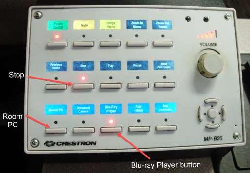 Use the Denon Blu-ray remote or the control pad buttons in the middle row of the control pad (Previous Rewind, Stop, Play, Pause,