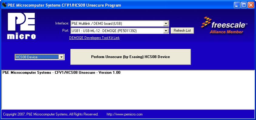 Figure 5-3: DEMOQE Unsecure Application This PC-based application is included on the CD-ROM that accompanys the DEMOQE, and may also be found at: http://www.pemicro.com/fixedlinks/demoqetoolkit.html.