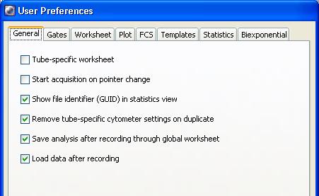 Figure 3-6 User Preferences dialog NOTICE Show file identifier (GUID) in statistics view ensures that the GUID keyword the FCS file s unique identification number appears in the header of statistics