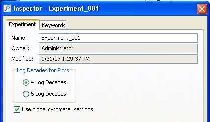 Figure 3-7 Experiment Inspector Use global cytometer settings checkbox 8 Click on the arrow next to the New Plate button ( ) in the Browser toolbar and select a plate from the drop-down list.
