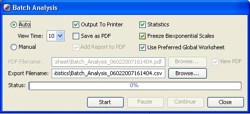 The Batch Analysis dialog appears. 6 Select the type of analysis to be done. - Select Auto to analyze all files with no user intervention.