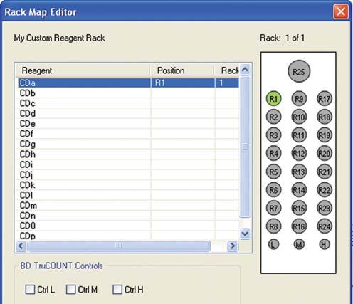 Click Reagent List to display the Reagent List. Drag reagents, one at a time, from the Reagent List to the Rack Map Editor. Specify the rack position for each reagent.