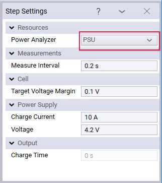 In the Test Plan panel, notice that: The Resource Bar now shows one Instrument: PSU The step settings for both the Charge and