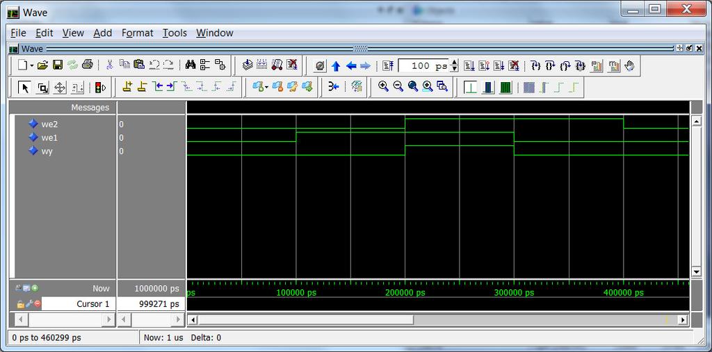 Fig. 5 Wave window of the ModelSim simulator. After start, ModelSim runs the simulation over a 1000 ns period by default and then stops.