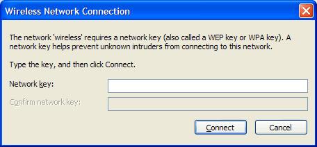 6. If you are prompted to enter a Network key (also known as a WEP or WPA key), please type the following into the Network key and Confirm network key sections: a1b2c3d4e5 (all in