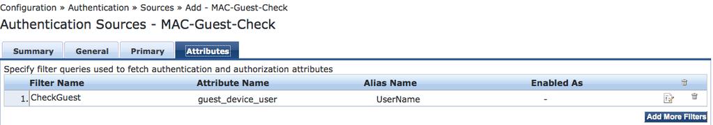 Figure 24 Authentication Sources: MAC Guest Check SELECT user_id as guest_device_user FROM tips_guest_users WHERE ((guest_type = 'USER') AND (user_id =
