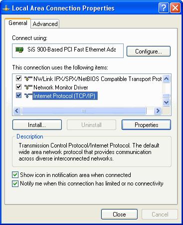 Choose the Internet Protocol (TCP/IP)