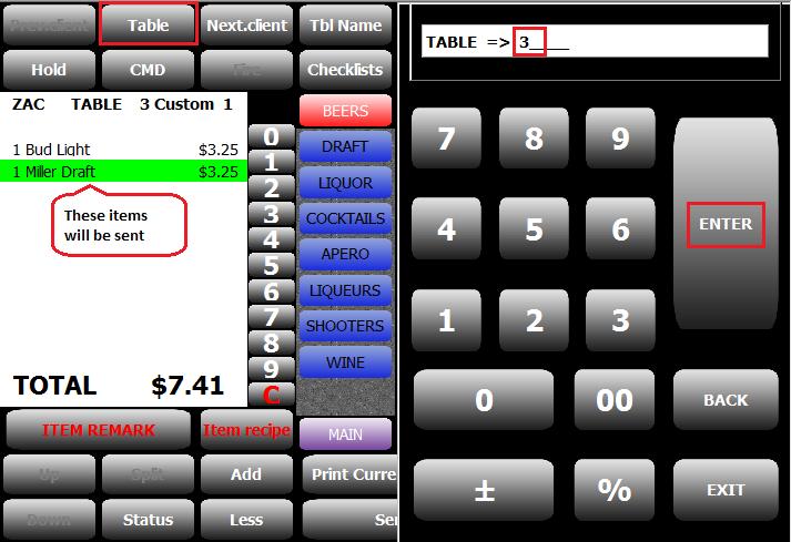 Moving to another table on order screen The TABLE key will allow you to access another Table without leaving the order screen.