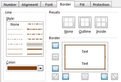 3) Select a line Style from the options on the left. 4) Choose a line Color from below the line styles. 5) The rest of the options allow you to specify which cell borders will have lines.