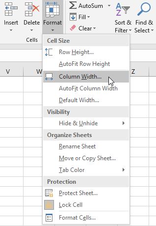 Exercise 4. Adjusting Row Height and Column Width 1) Select a cell anywhere within column A. 2) On the Ribbon, click the Format icon in the Cells group to display the cell format menu.