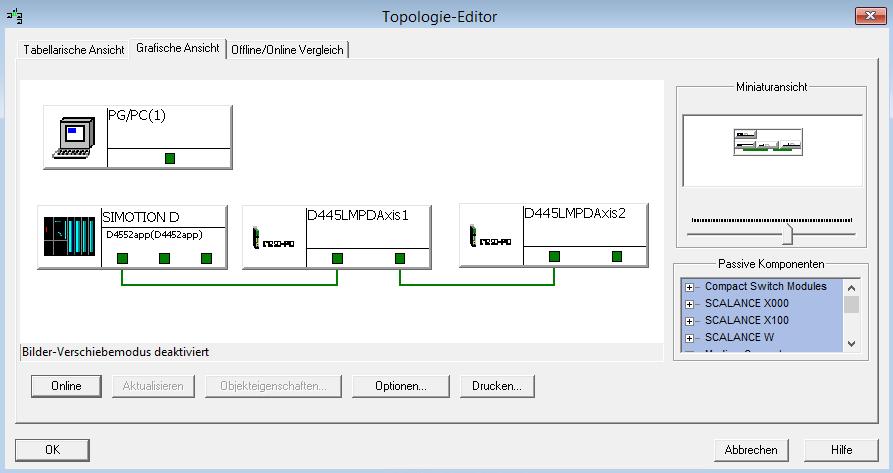 In the topology editor draw the connection between the SIMOTION PLC (Port 1