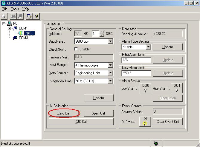 4. Execute the Offset Calibration command. This is also done through the ADAM utility software.